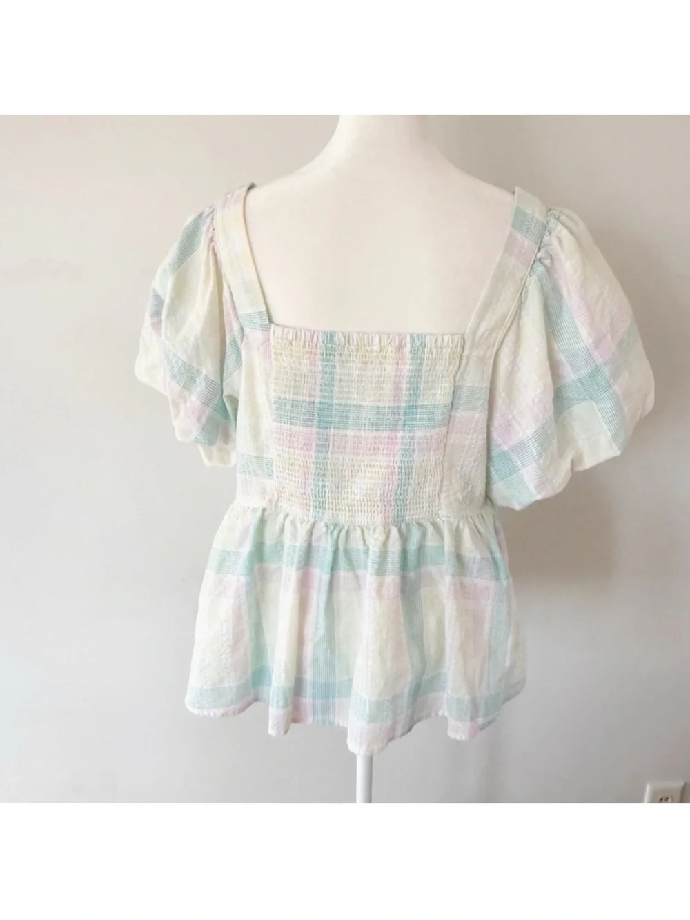 Old Navy Women Pastel Plaid Puff Sleeve Top Large Tall Peasant Cottage Milkmaid